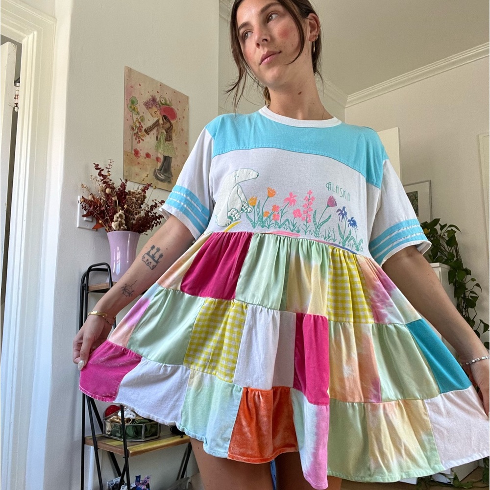 80s custom patchwork rainbow dress with a white and multicoloured design